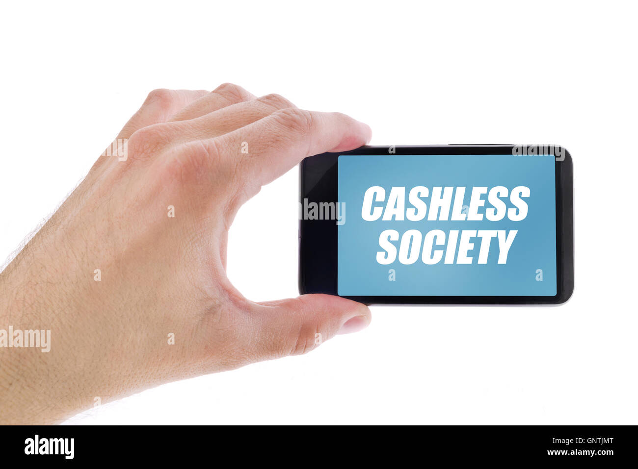 Geschäftsmann hält Smartphone mit bargeldlose Gesellschaft Titel, Konzept der Förderung der mobilen und elektronischer Zahlungen bargeldlos Stockfoto
