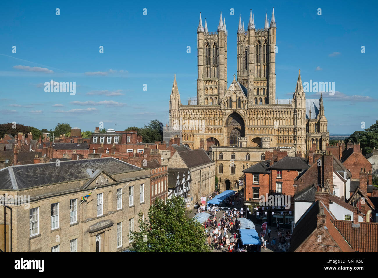Die gotische Architektur der Kathedrale von Lincoln in der historischen Stadt von Lincoln, Lincolnshire, East Midlands, UK Stockfoto