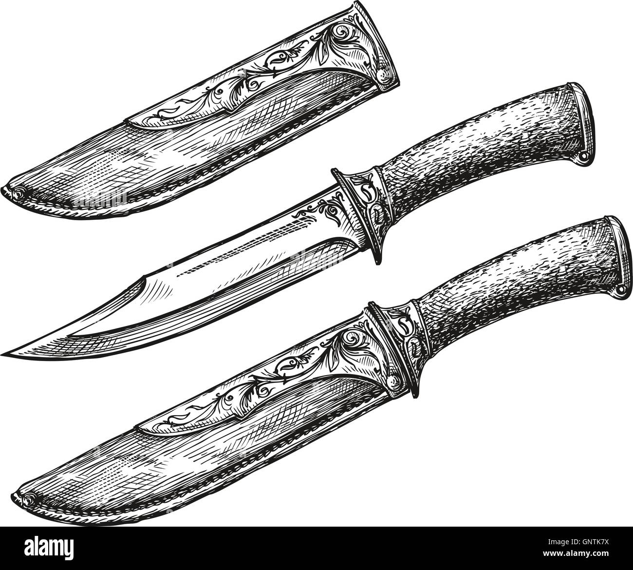 Handgezeichnete Vintage Messer. Skizze scharfe Waffe. Vektor-illustration Stock Vektor