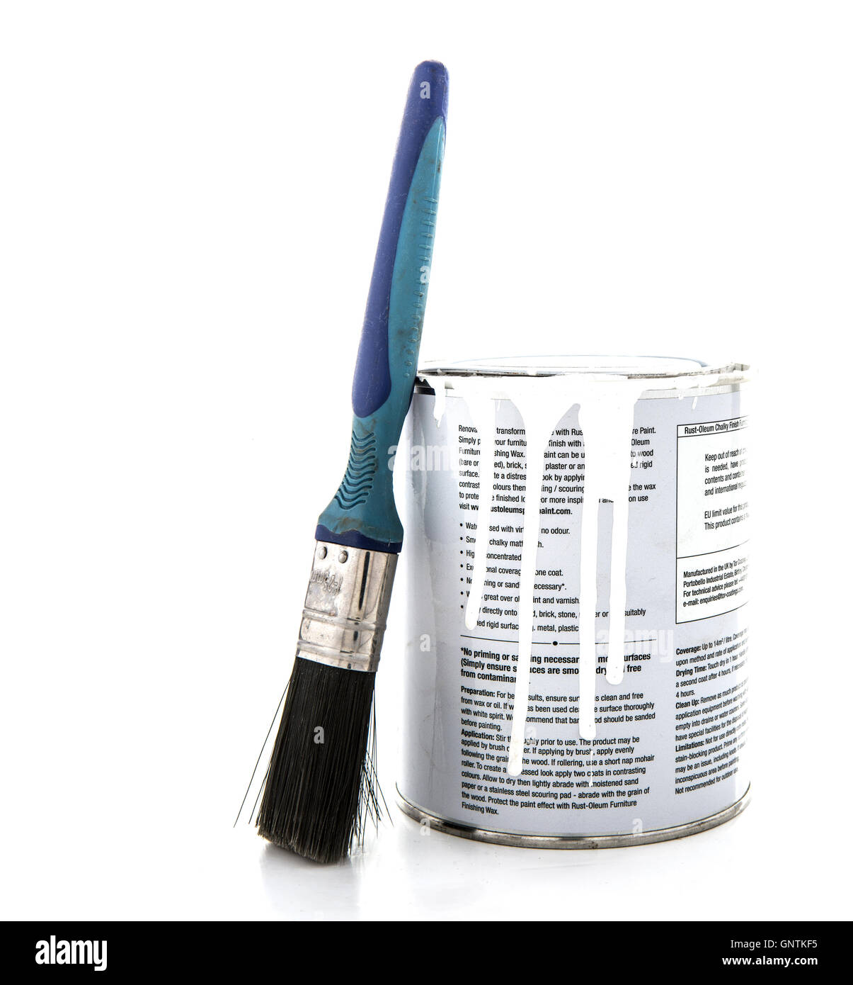Dose mit Rust-Oleum kalkhaltigen Möbel Farbe mit Pinsel auf weißem Hintergrund Stockfoto