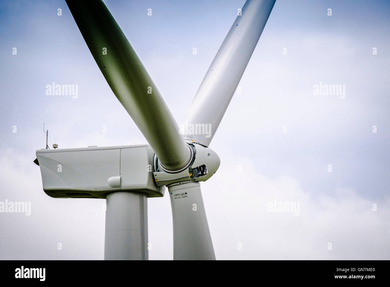 Nahaufnahme Detail einer Windkraftanlage in South Lanarkshire, Schottland Stockfoto