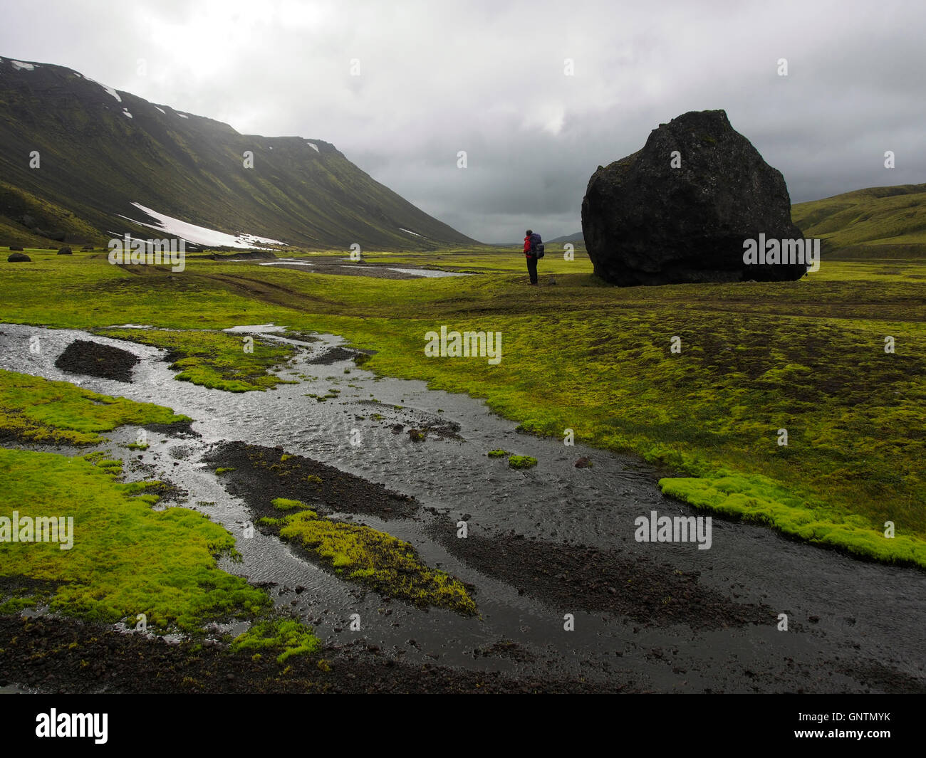 Wandern im Syðri-Ófaera-Tal nördlich von Svartahnúksfjöll, Island Stockfoto