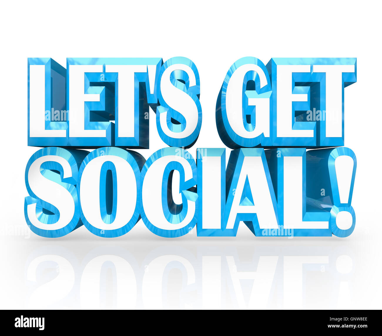 Lass uns soziale 3D Worte treffen Einladung zur Party Stockfoto