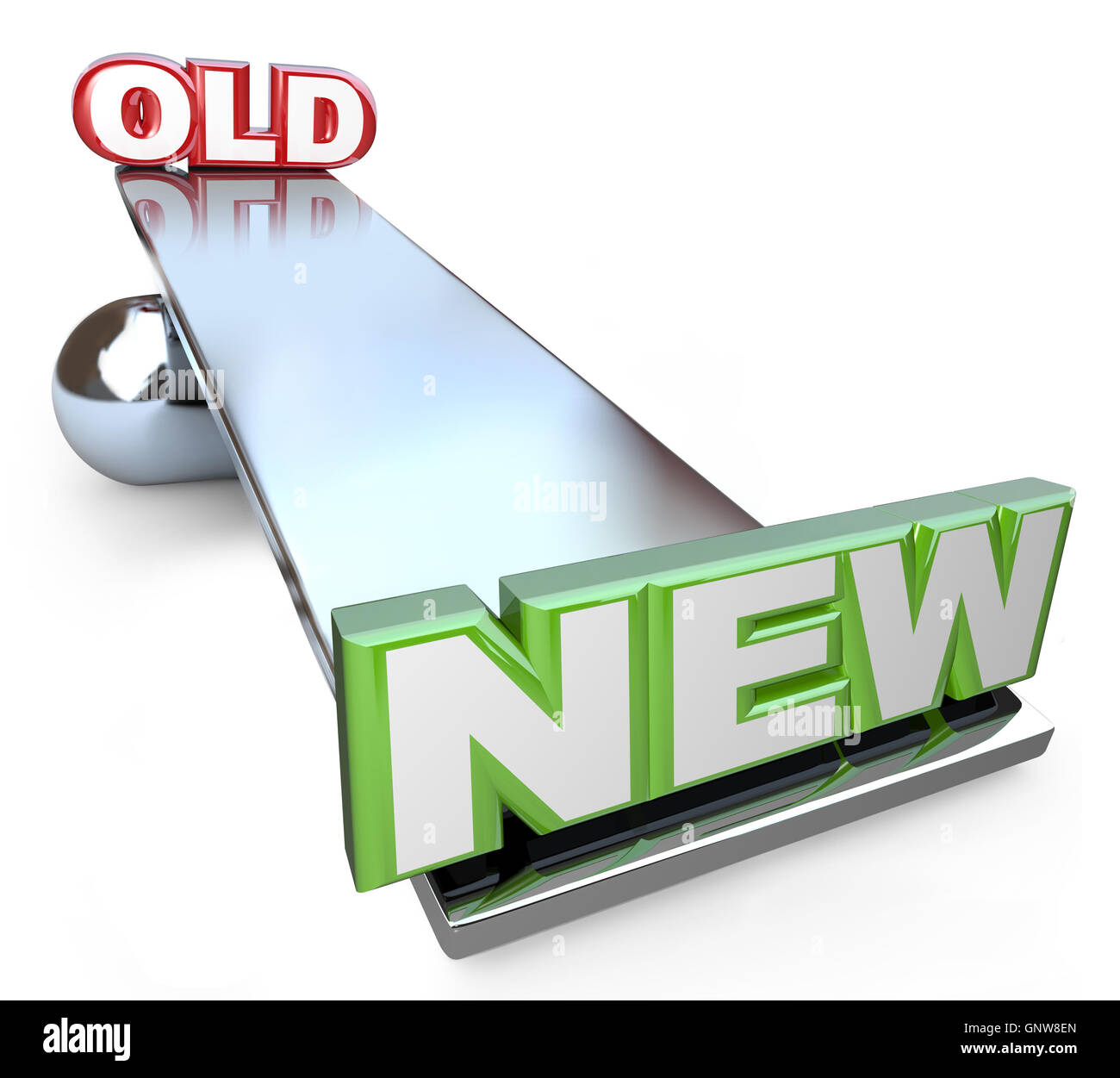 Alte gegen neue Balance auf Wippe Skala Stockfoto