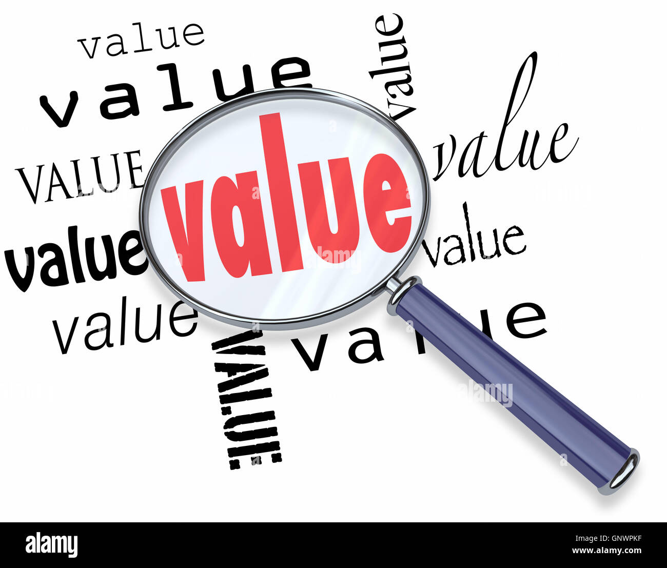 Auf der Suche nach Wert - Lupe, um wertvolle Einsparungen zu finden Stockfoto