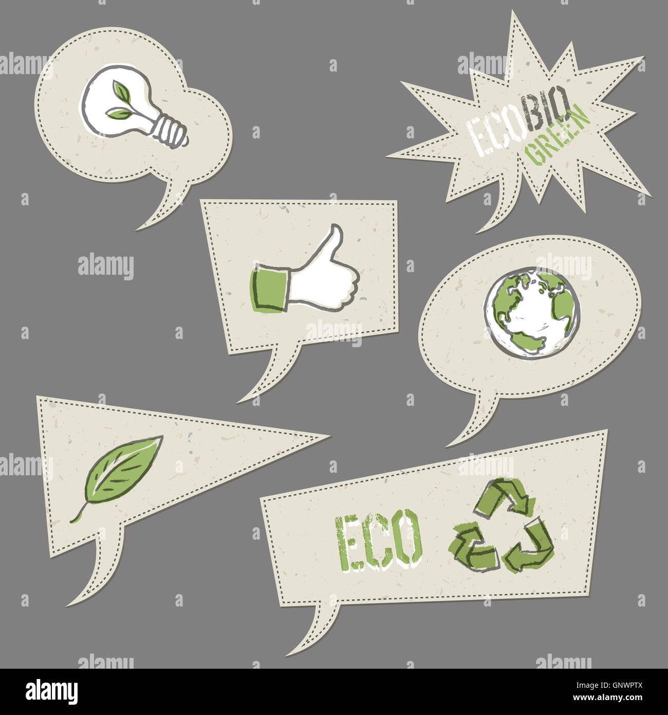 Ökologie-Symbole in Sprechblasen. Vector-Elements-Auflistung, EPS Stockfoto