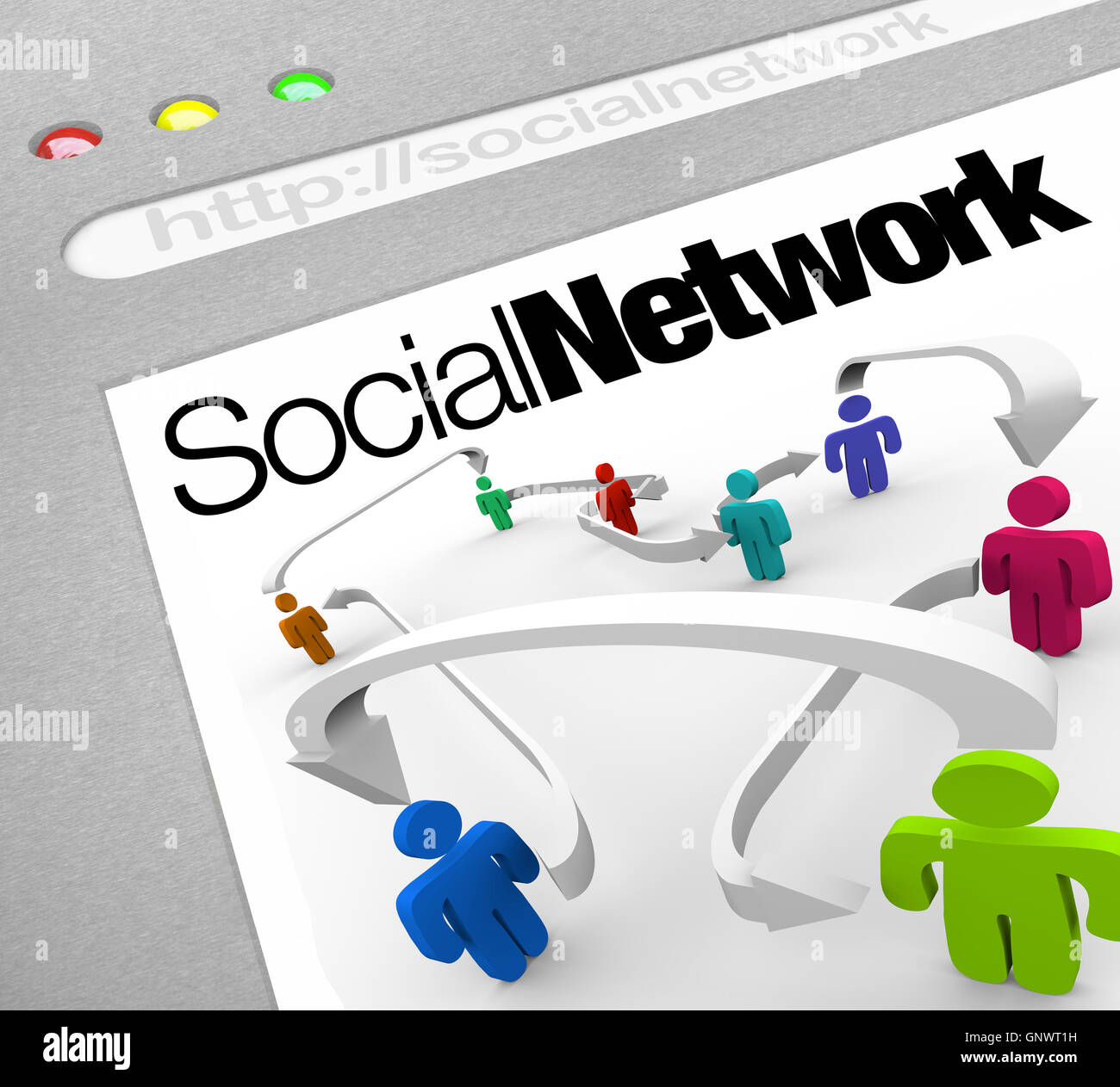 Social Network im Internet Menschen durch Pfeile miteinander verbunden Stockfoto
