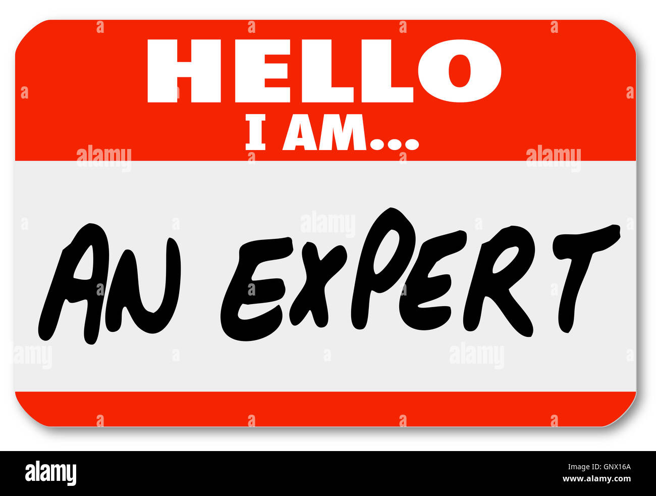 Hallo bin ich ein Experte Namensschild-Kompetenz-Tag Stockfoto