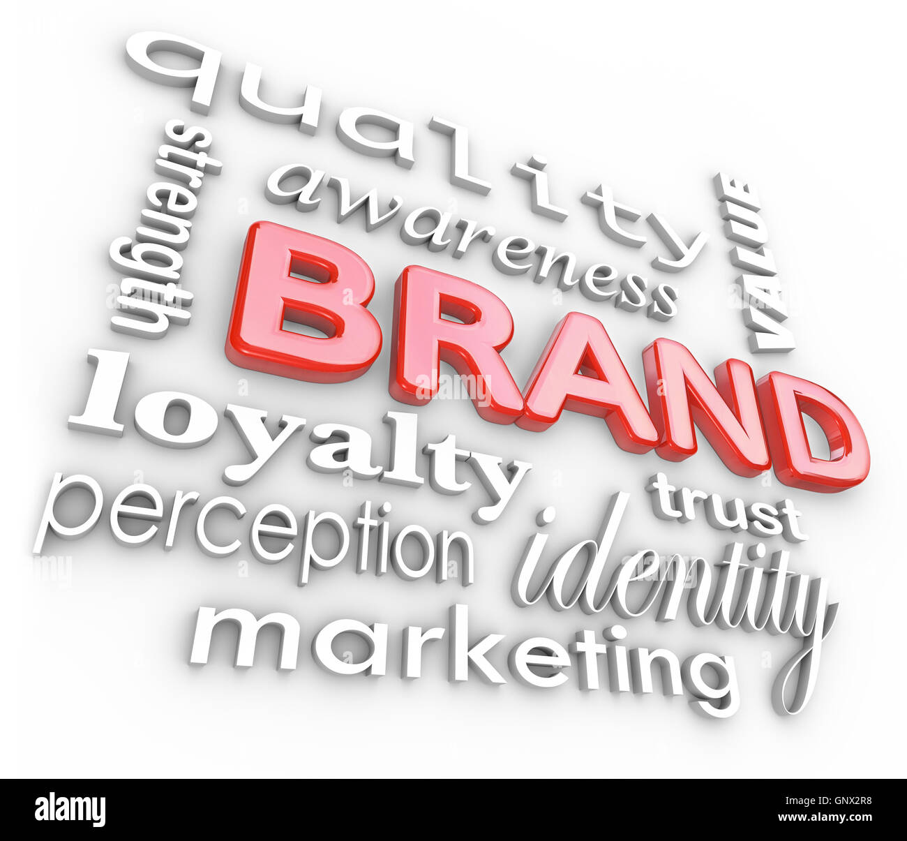 Brand-Marketing Worte Bewusstsein Loyalität Branding Stockfoto