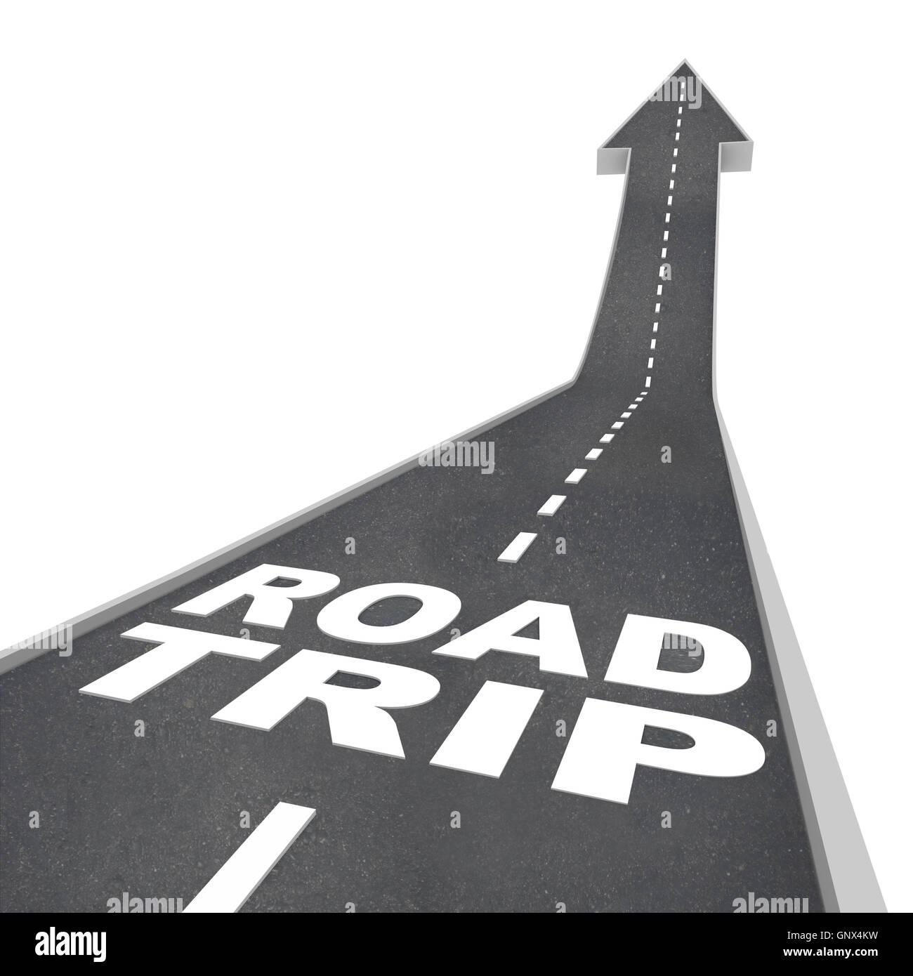 Road Trip Wörter auf Straße für Spaß Abenteuerurlaub Stockfoto