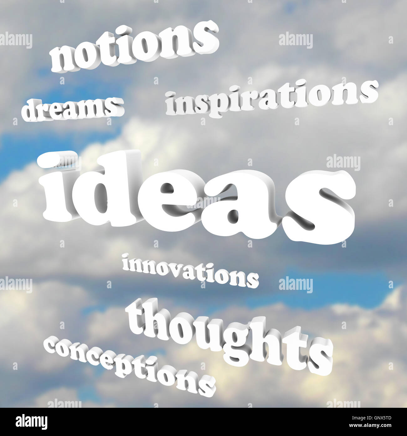 Ideen Worte in Himmel träumen von Kreativität und Innovation Stockfoto
