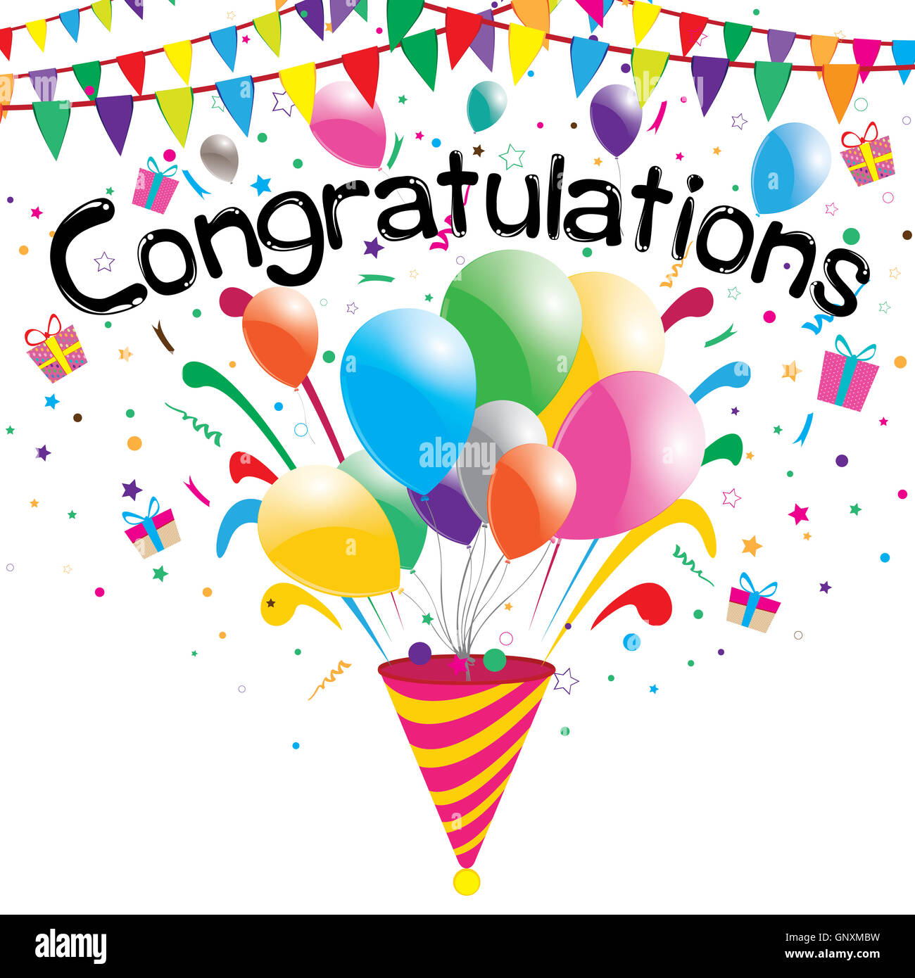 Herzlichen Glückwunsch, Konfetti, Hintergrund, Vektor, Feier, Ballons, Illustration, bunt, Design, Jubiläum, isoliert, Par Stockfoto