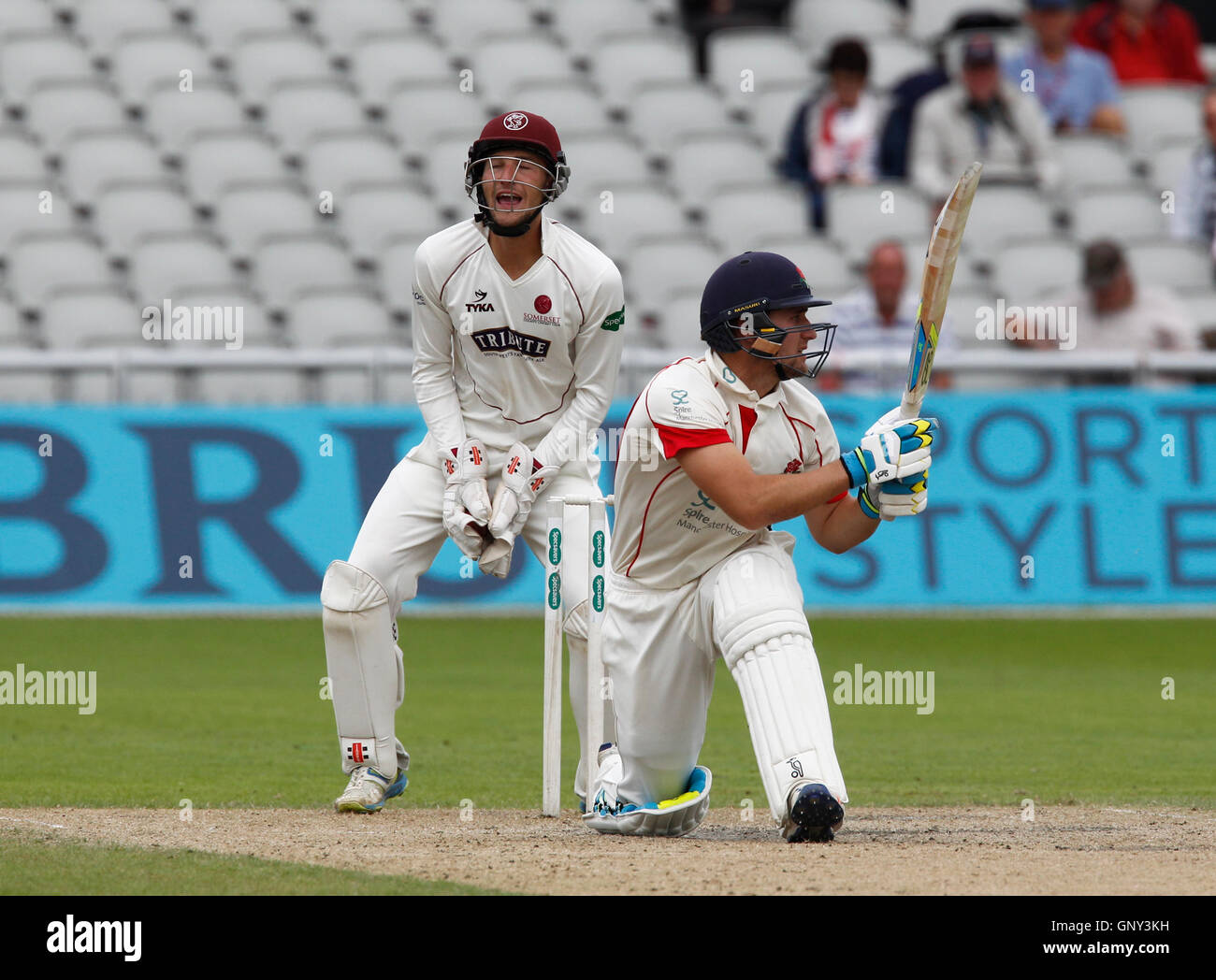 Old Trafford, Manchester, UK. 02. Sep, 2016. Specsavers County Championship. Lancashire versus Somerset. Somerset Spinner Jack Leach macht einen Durchbruch während der Vormittagssitzung, wie er das Wicket Lancashire Schlagmann Liam Livingstone, hinter Ryan Davies für 57 gefangen nimmt. Lancashire wurden 138-2 Übernachtungen in Reaktion auf Somerset ersten Innings insgesamt 553-8 erklärt. Bildnachweis: Aktion Plus Sport/Alamy Live-Nachrichten Stockfoto