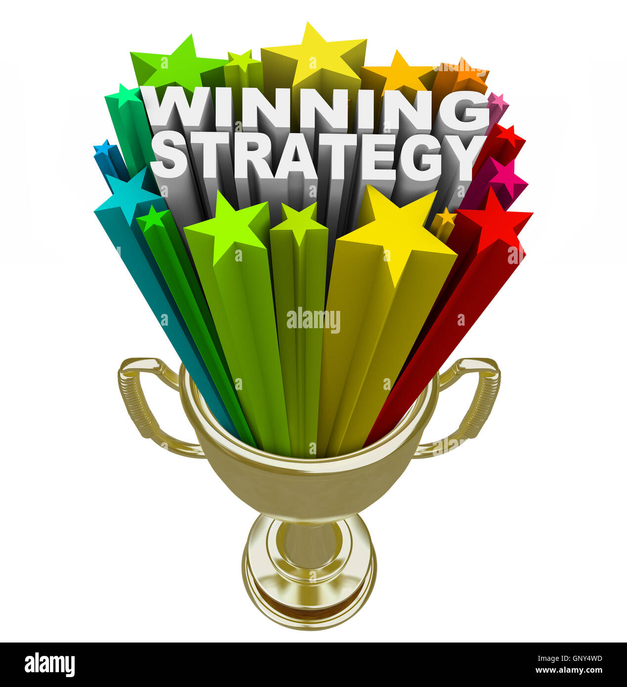 Strategieplan Goldtrophäe Worte Sieger zu gewinnen Stockfoto