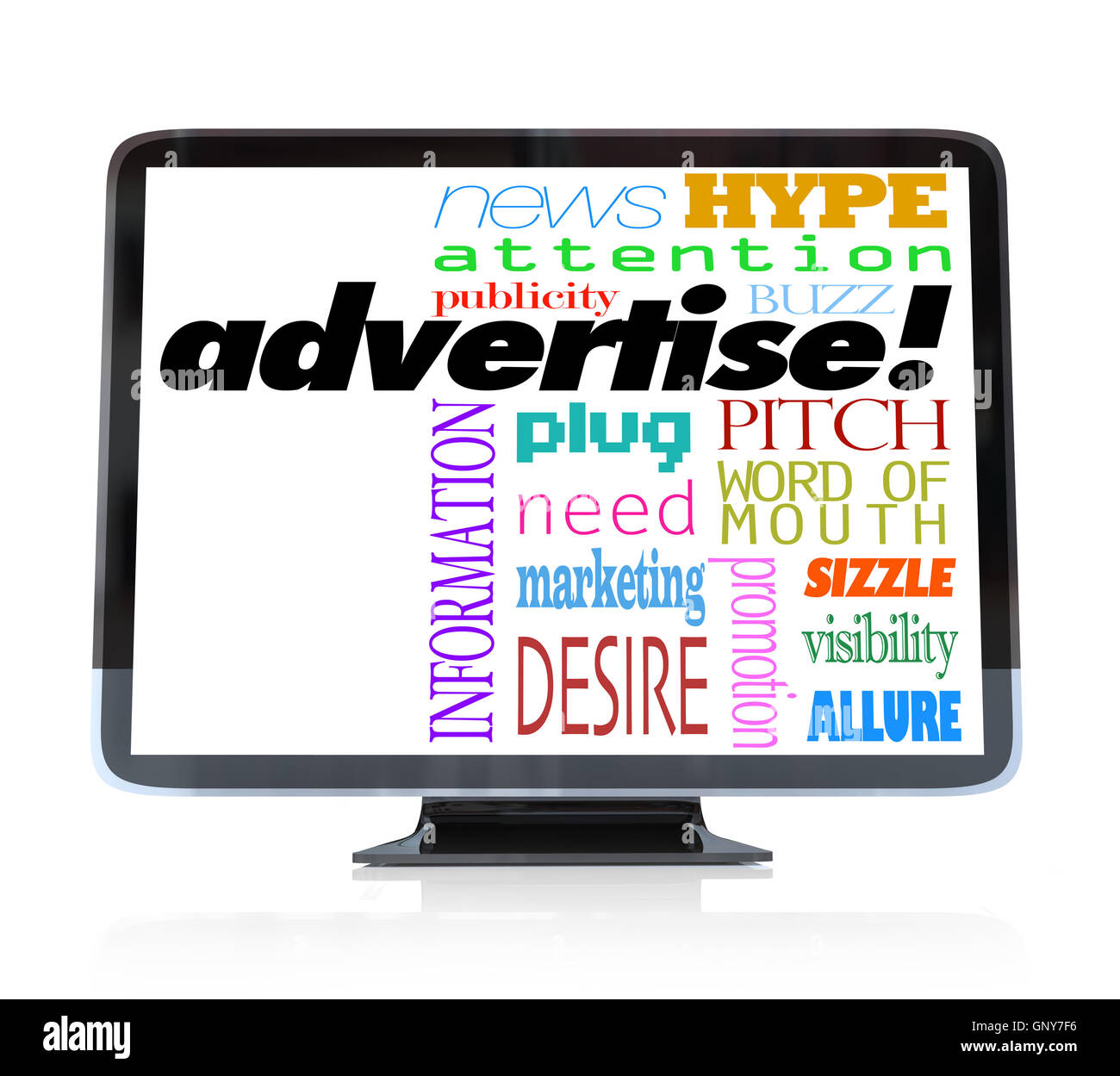 Werbung Marketing Wörter auf HDTV-Fernseher Stockfoto