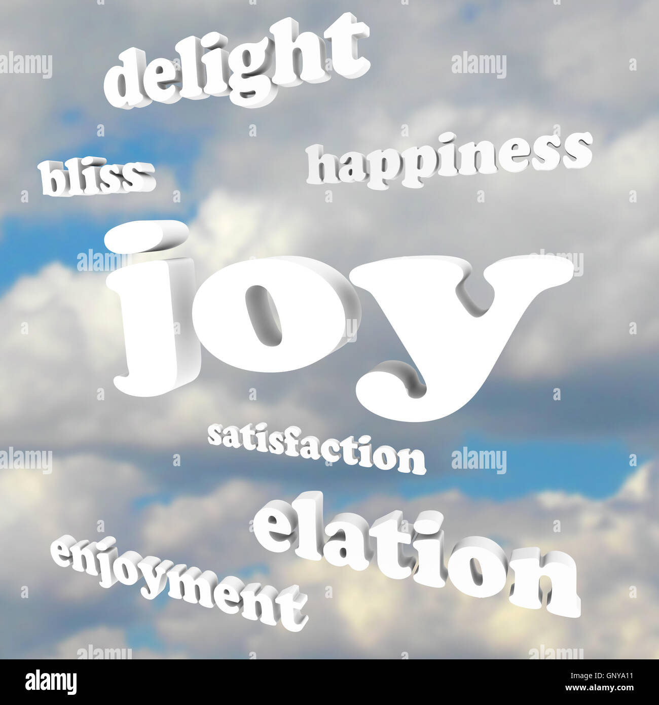 Joy Wörter im bewölkten Himmel Zufriedenheit Glück Stockfoto