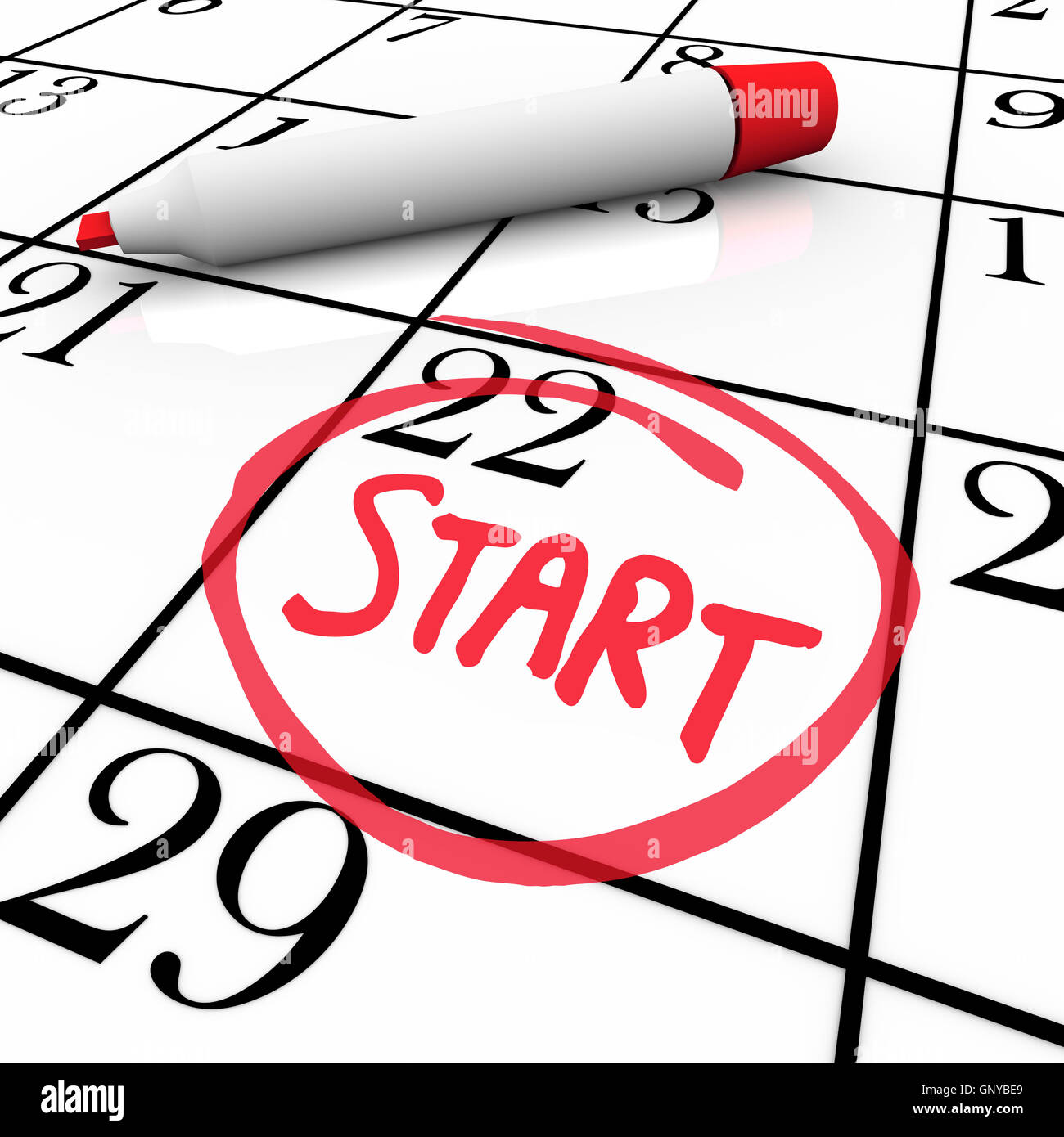 Starten Sie Word Kalender ab Tag eingekreisten Datumsmarkierung Stockfoto