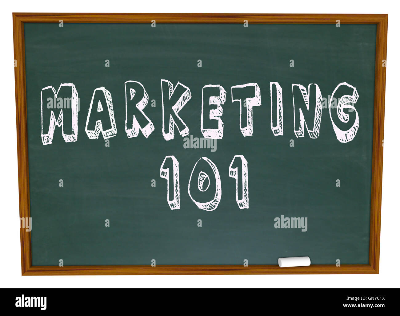 Marketing-101 Wörter auf der Tafel Grundlagen Stockfoto