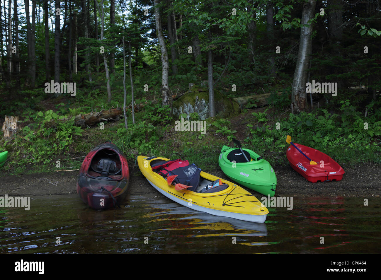 Kanus und Kajaks liegen am Ufer eines Teiches in den Green Mountains von Vermont Stockfoto