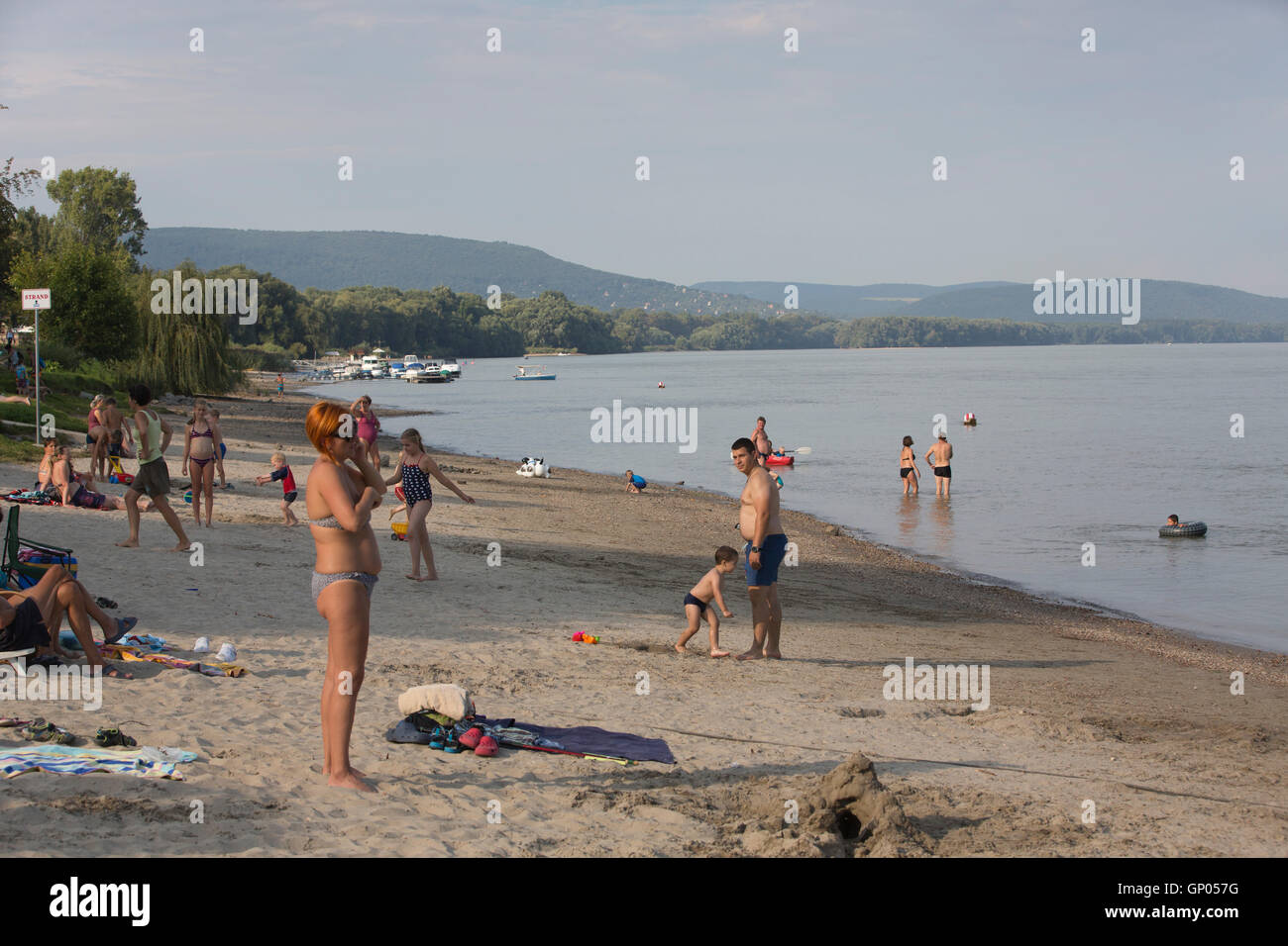 Nagymaros, Sonnenanbeter auf dem Flussstrand an der Donau, Komitat Pest, Ungarn, Europa Stockfoto
