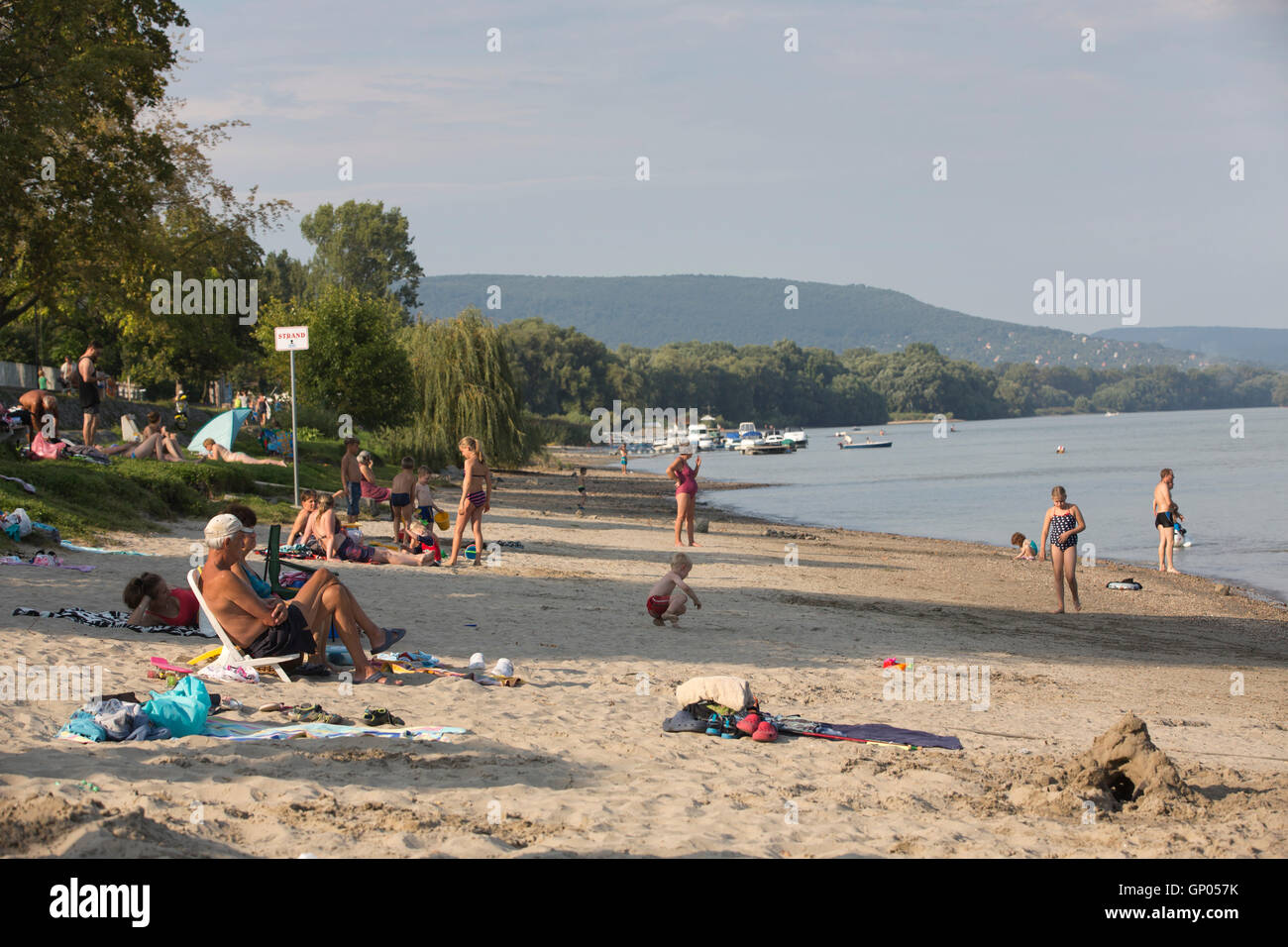 Nagymaros, Sonnenanbeter auf dem Flussstrand an der Donau, Komitat Pest, Ungarn, Europa Stockfoto