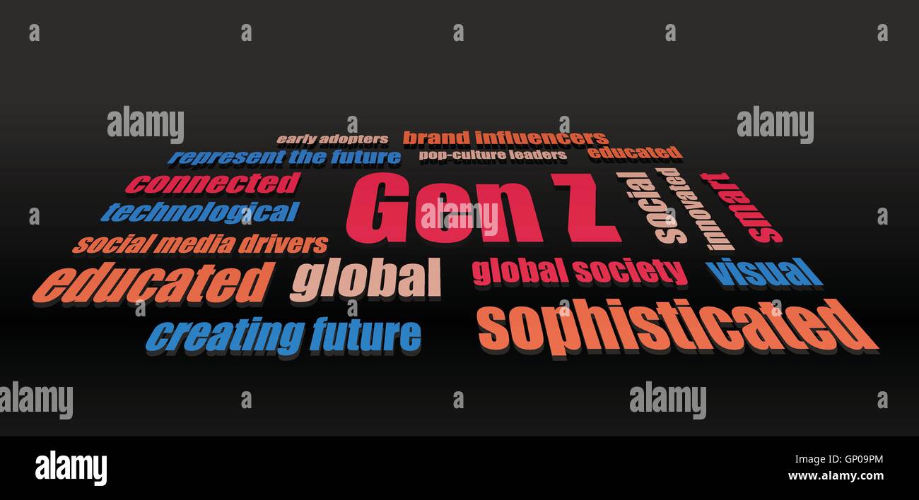 Generation Z Merkmale Worte abstraktes Vektor dunklen horizontalen Hintergrund Stock Vektor