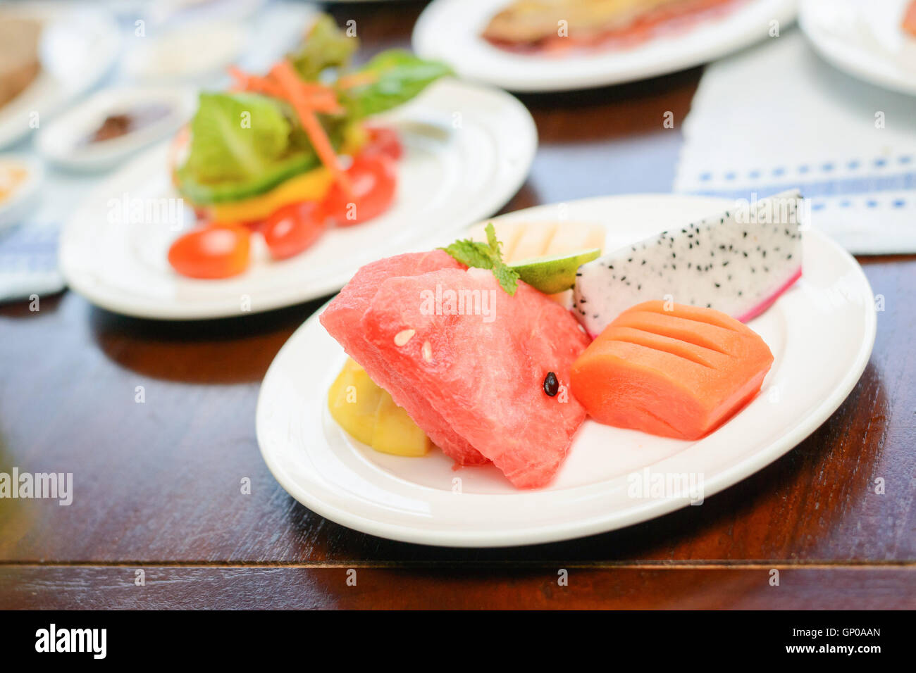 Leckeres Frühstück im Luxushotel Stockfoto