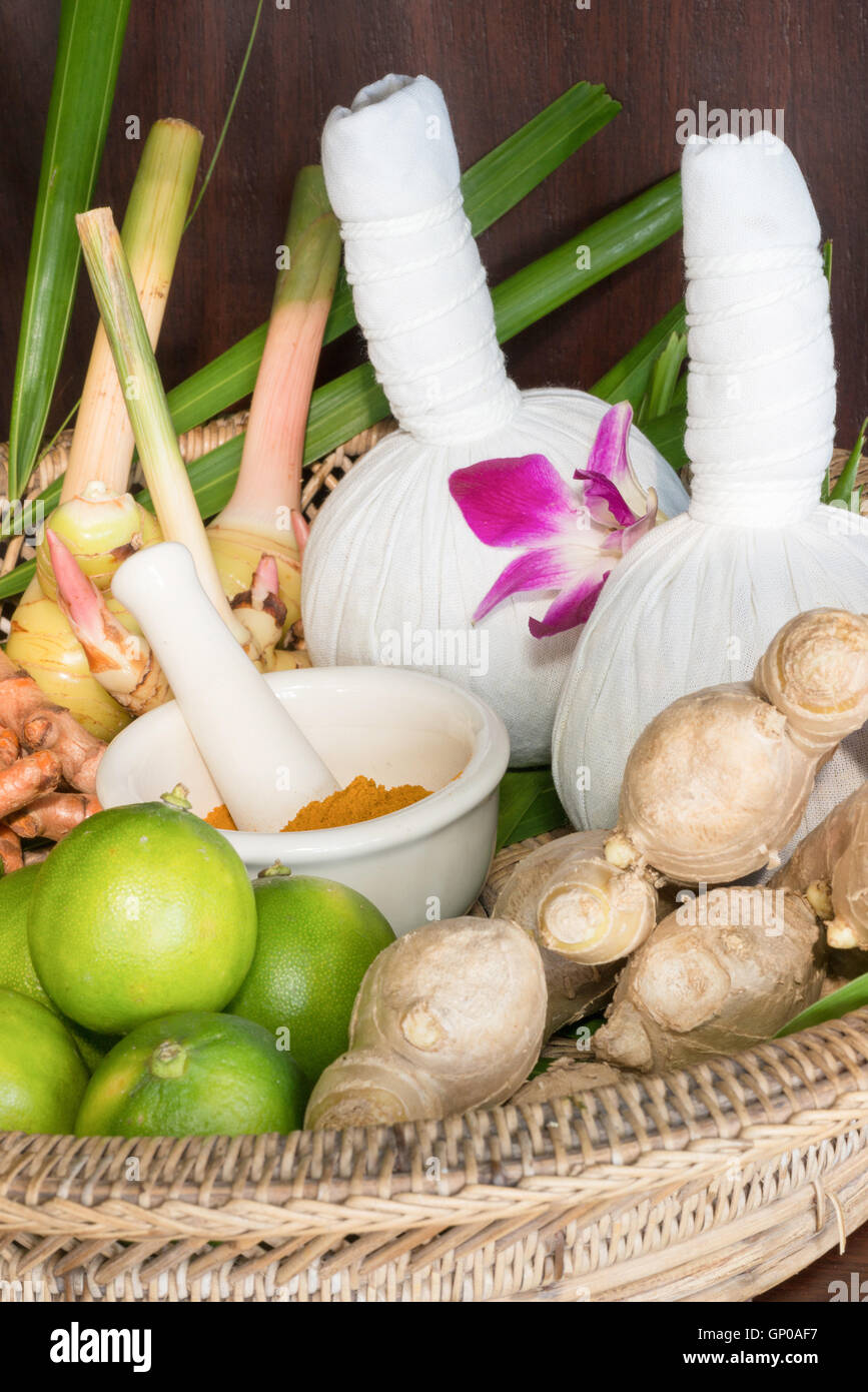 Aromatherapie Wellness Kräuter, Elemente und Zutaten. Stockfoto