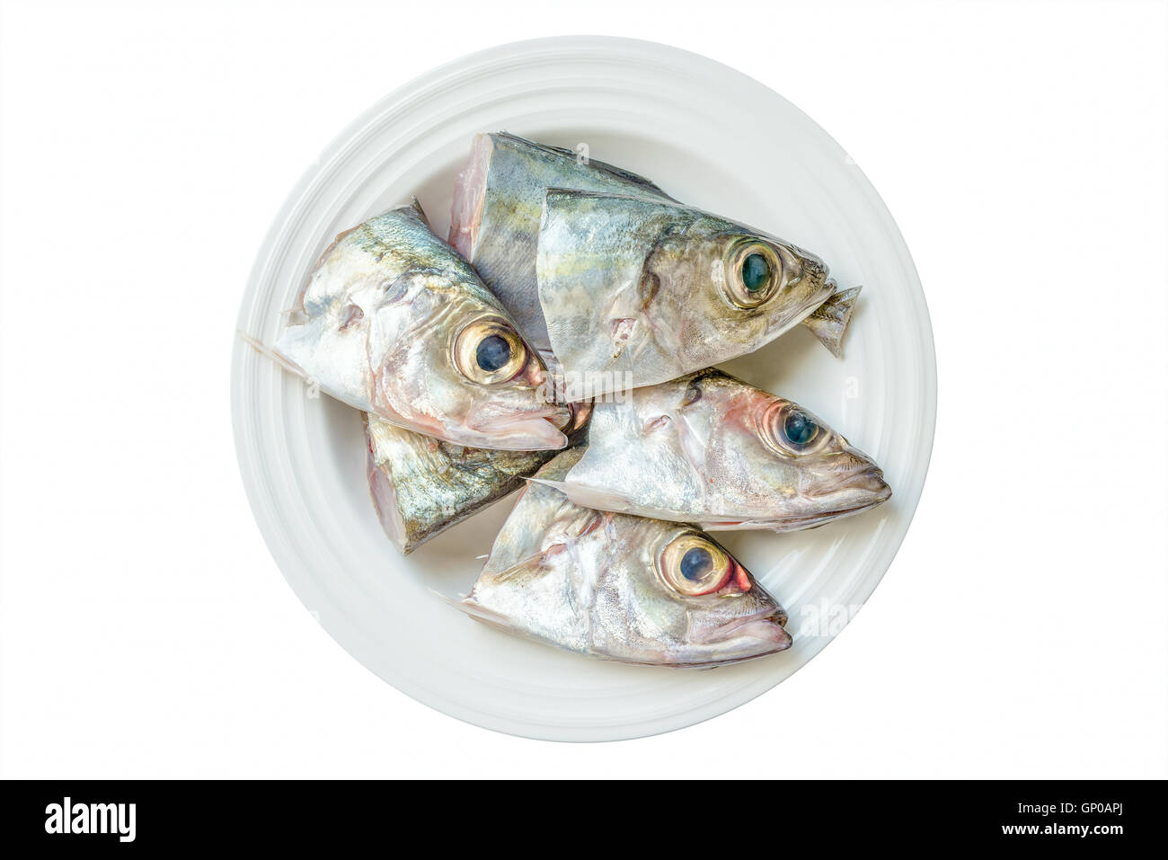 Rohe frische Fische Kopf auf Keramikplatte isoliert auf weißem Hintergrund, bereit zum Garen. Stockfoto