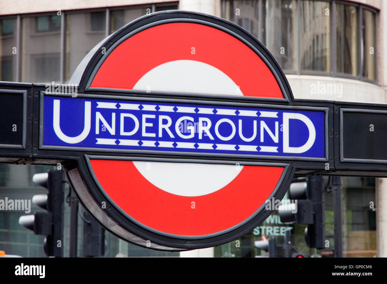 U-Bahn Station Zeichen in London. Stockfoto