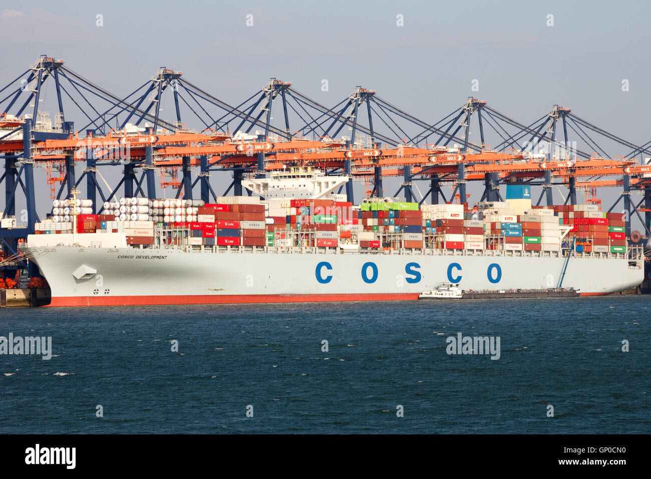 Containerschiff Cosco Entwicklung vertäut am Euromax Container-terminal im Hafen von Rotterdam. Stockfoto