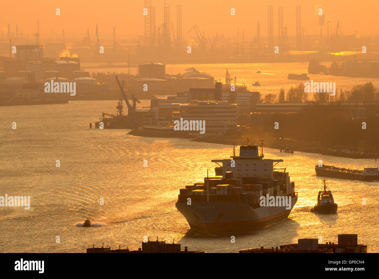 Containerschiff auf der Maas im Rotterdamer Hafen bei Sonnenuntergang Stockfoto