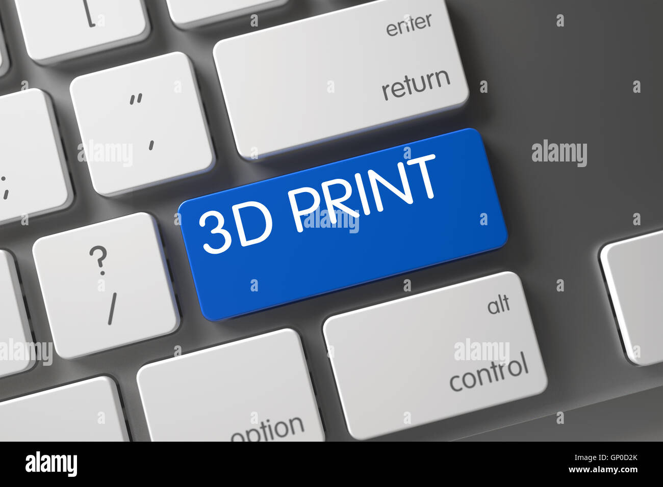 3D Print Concept Aluminium Tastatur mit 3D Print-on-Blue geben Sie Schaltflächenhintergrund, ausgewählte Fokus. 3D Illustration. Stockfoto