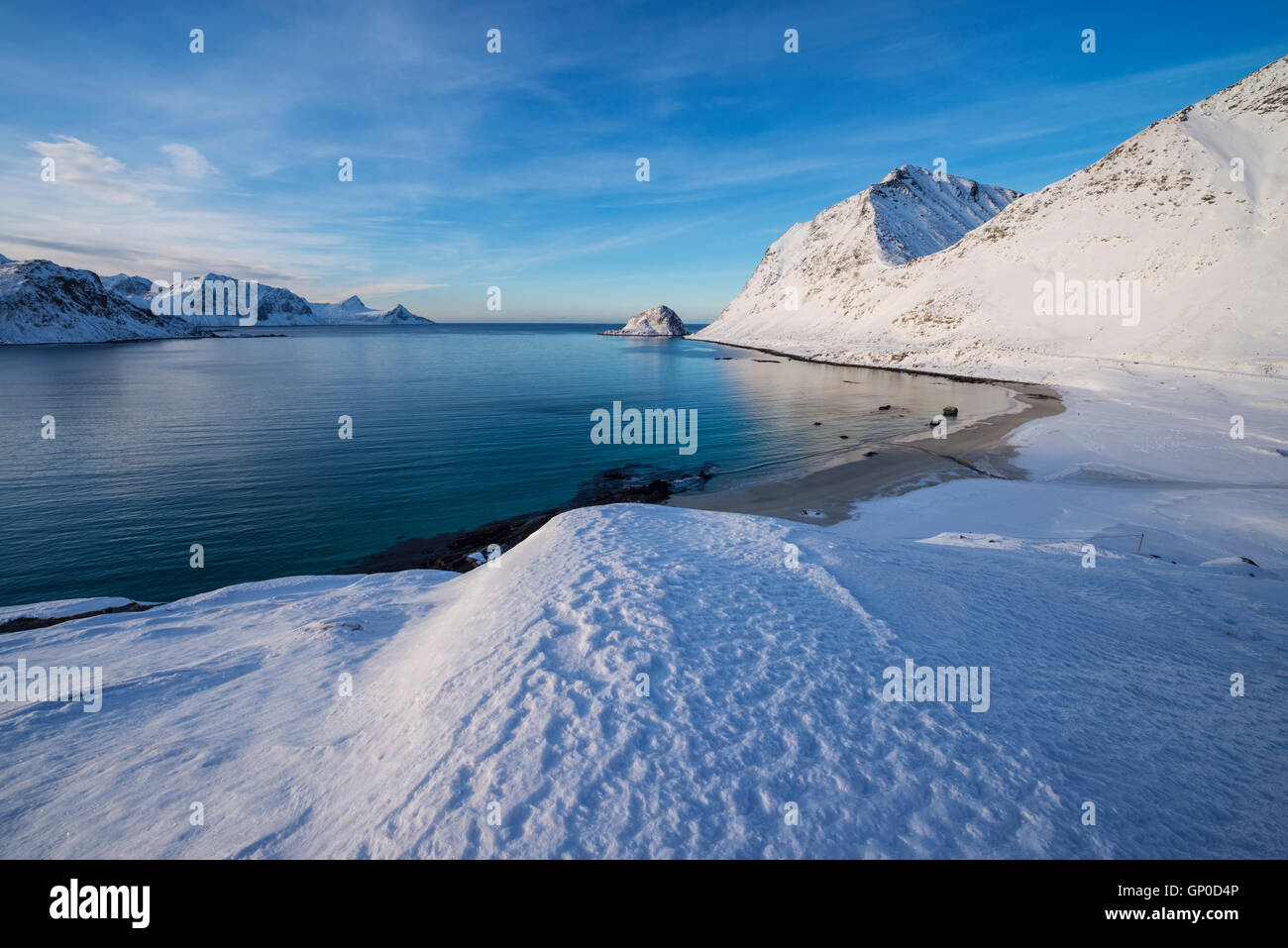 Winter-Blick über Haukland Beach, Leknes, Lofoten Inseln, Norwegen Stockfoto