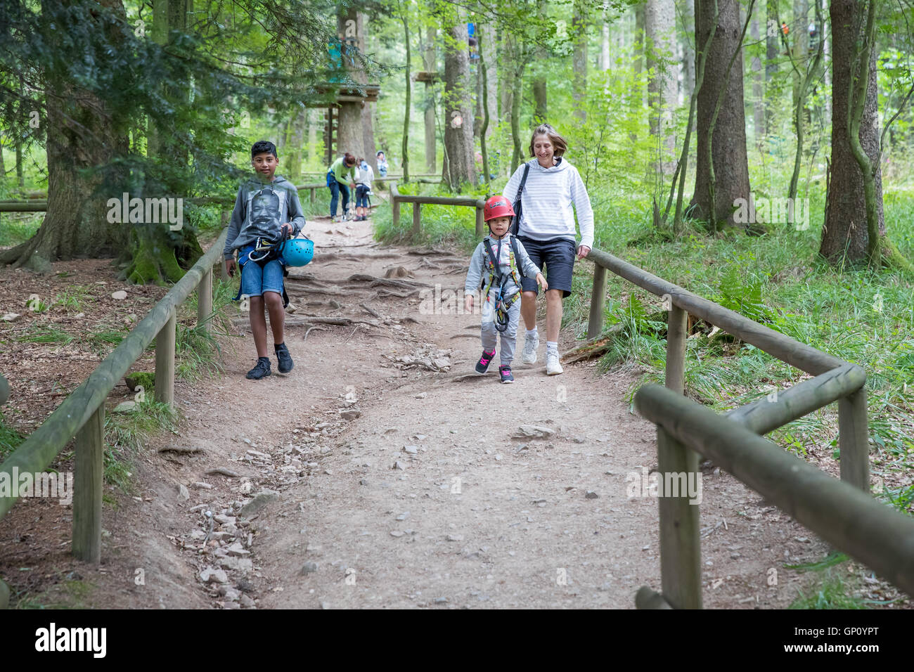Mutter und Kinder im Wald spazieren, während der Baum klettern Stockfoto