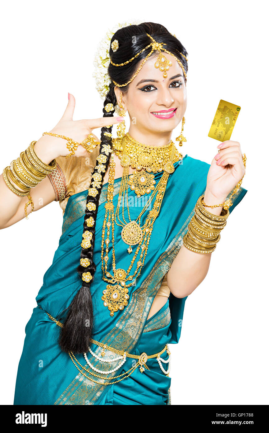 1 schöne Erwachsene Braut Tamil Woman Credit Card Finger darauf zeigen Stockfoto
