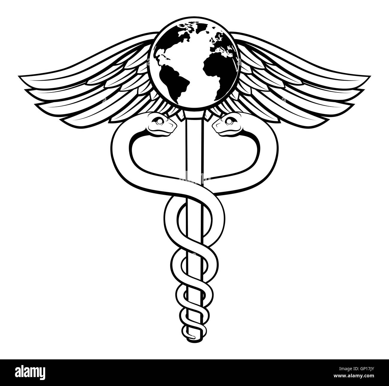 Ein Caduceus medizinischen Symbol Konzept einer medizinischen oder Herd Pflege-Ikone mit einem Globus Erde auf der Oberseite Stockfoto