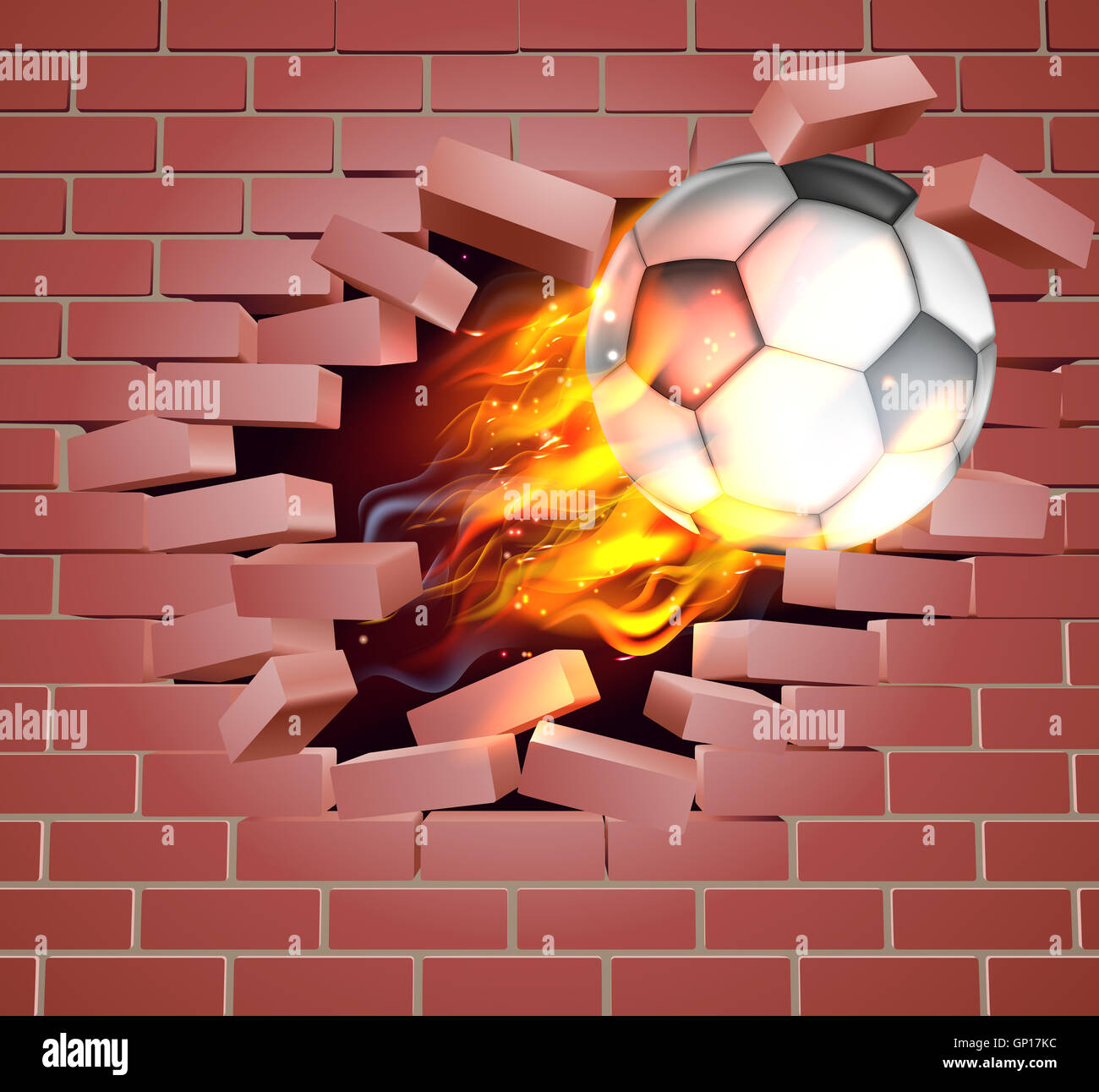 Ein Beispiel für einen brennenden flammenden Fußball Ball auf Feuer reißen ein Loch durch die Wand Stockfoto