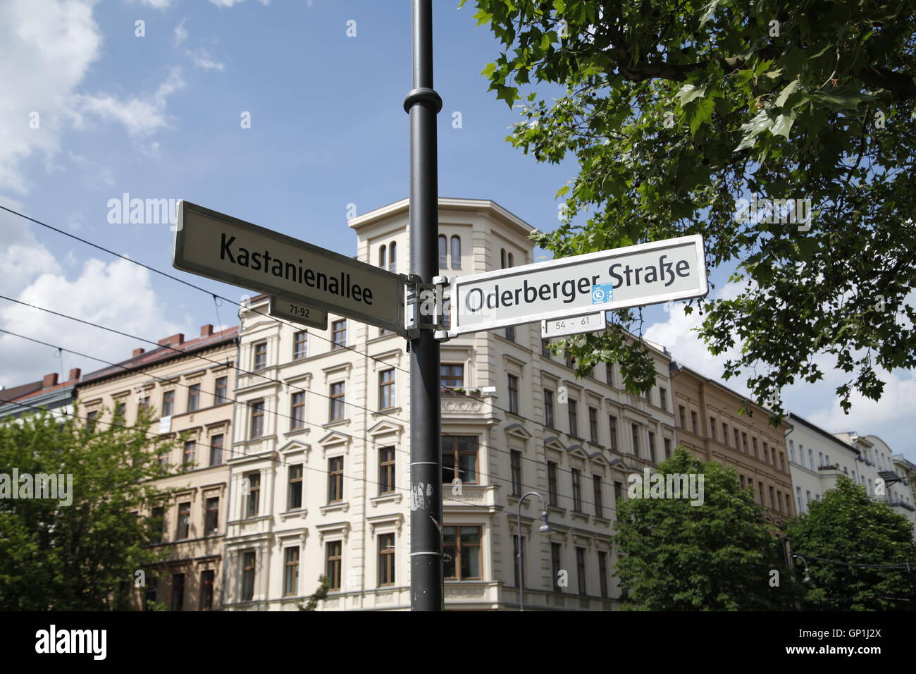 Zeichen der Kastanienallee Oderberger Straße in Berlin-Prenzlauer Berg Stockfoto
