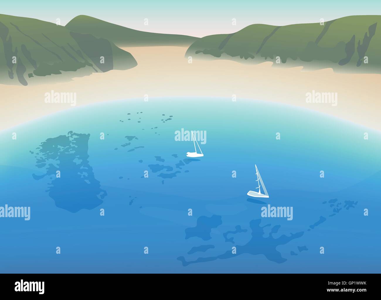 Hufeisen weißen Sandstrand mit kristallklarem Meer und Berge-Vektor-illustration Stock Vektor