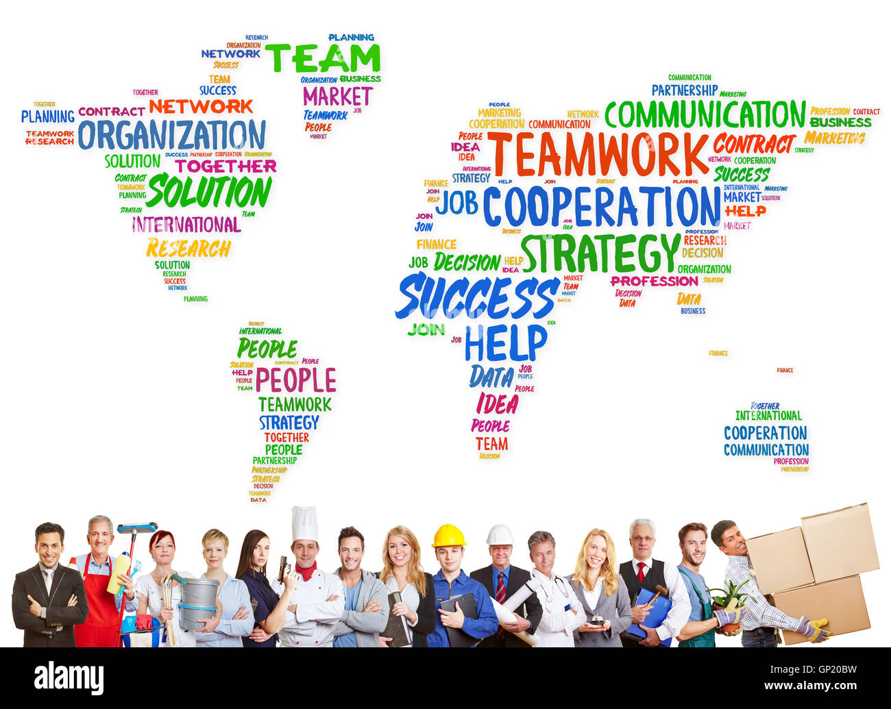 Vielfalt und Teamarbeit-Konzept mit verschiedenen Berufen vor einer Weltkarte Stockfoto