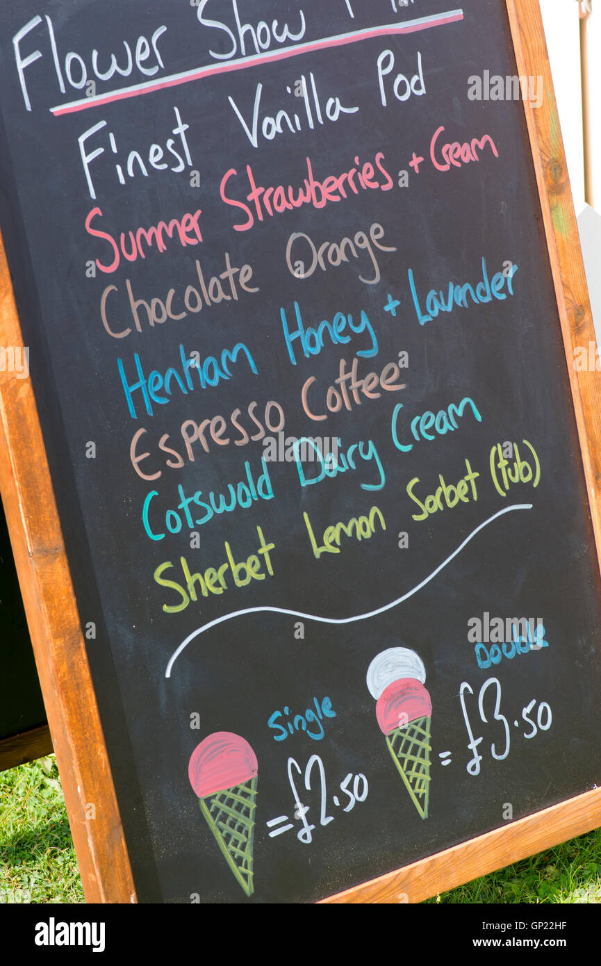 Eis-Tafel Zeichen bei einer Blume-Show. England Stockfoto