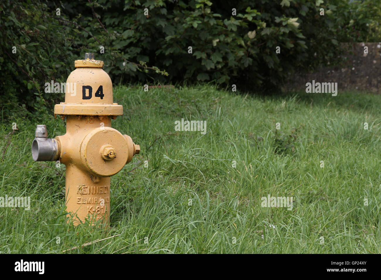 Gelbe Kennedy K-81 Dry barrel Hydrant in einem Gras kurz auf einem alten USAF/RAF-Flugplatz in Cotswolds, England, GB entfernt Stockfoto