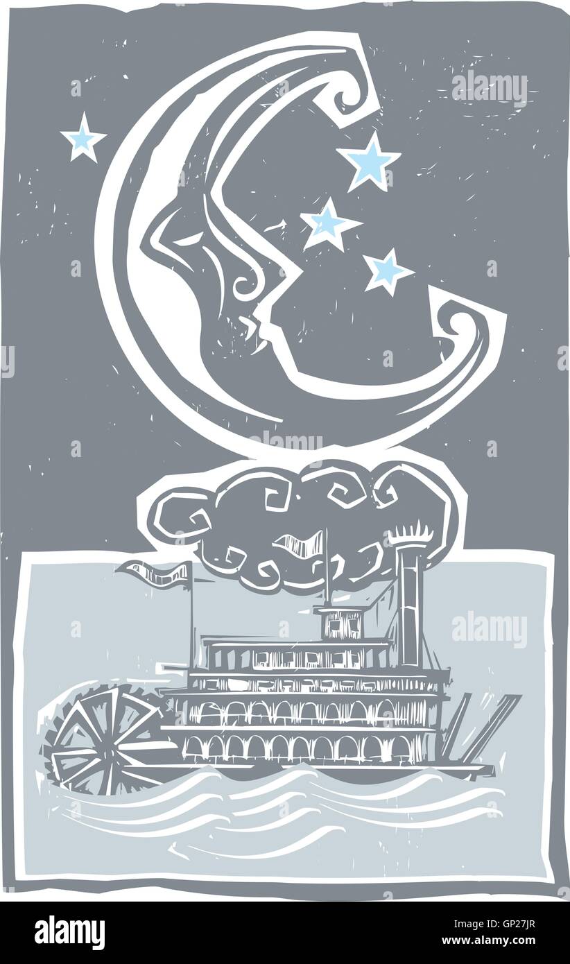 HolzschnittStilMond und alte Zeit Mississippi riverboat Stock