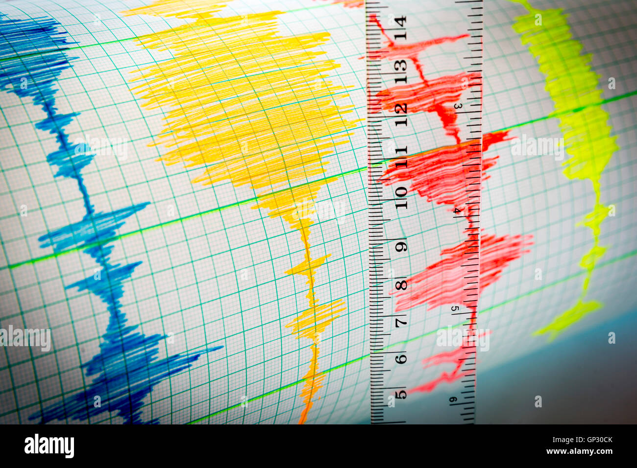 Seismologische Geräte zur Messung von Erdbeben. Seismologische Aktivitäten Linien auf dem Blatt Papier zu messen. Erdbeben-Welle auf Stockfoto