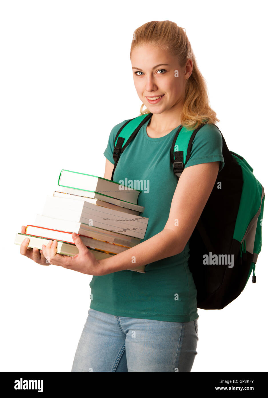 Blonde Studentin mit Stapel Bücher in Brust und Rucksack, gerne wissen und lernen neue Dinge. Stockfoto