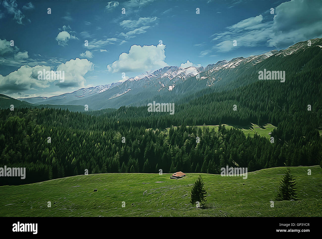 Abbildung eines kleinen Bauernhauses in einem Frühling-Berg-Tal mit Tannenwald um Stockfoto