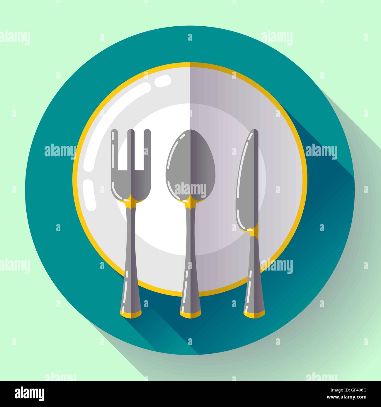 Gerichte - Platte Messer und Gabel Symbol. Flache Vektor-Design mit langen Schatten Stock Vektor