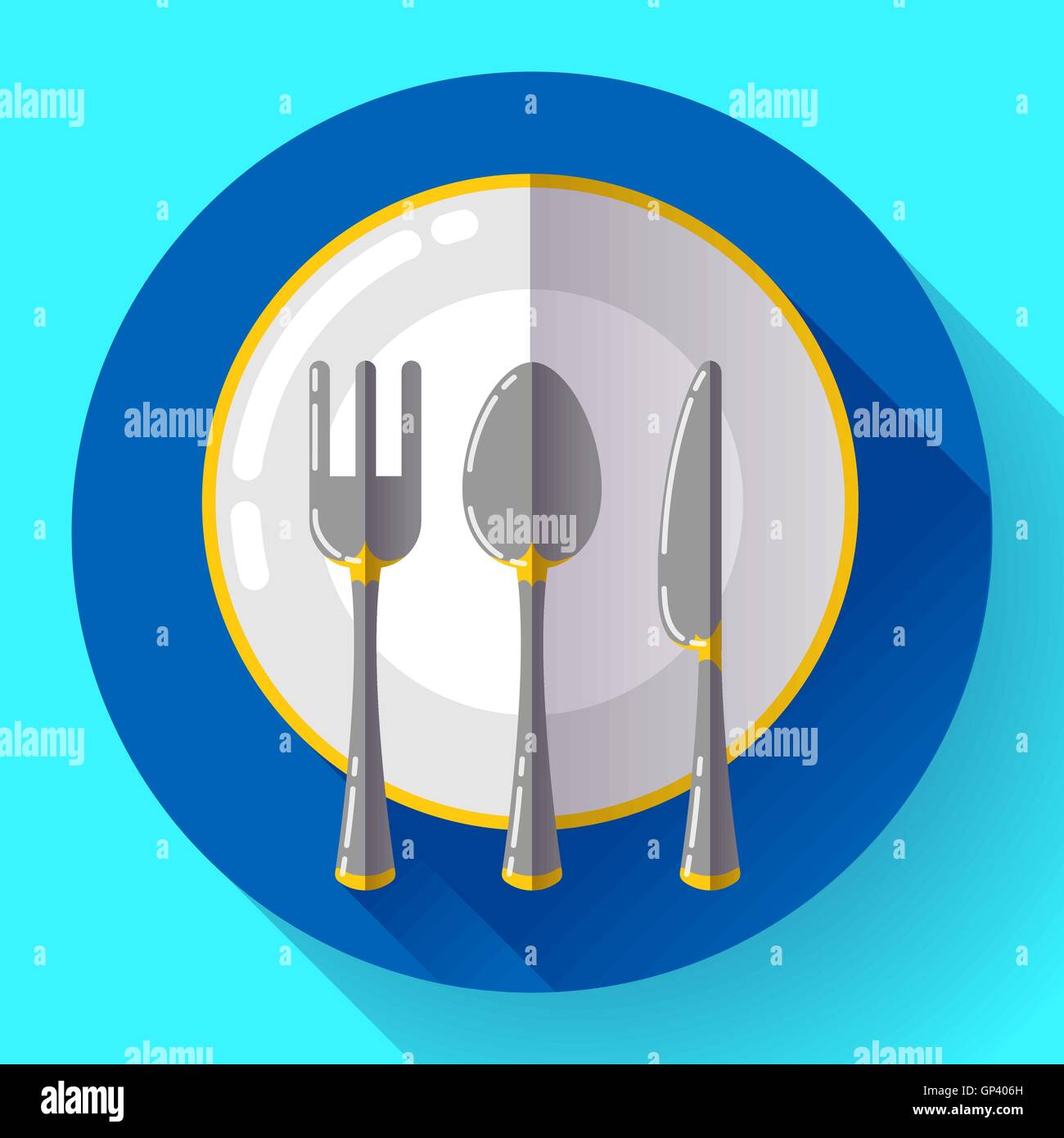 Gerichte - Platte Messer und Gabel Symbol. Flache Vektor-Design mit langen Schatten Stock Vektor