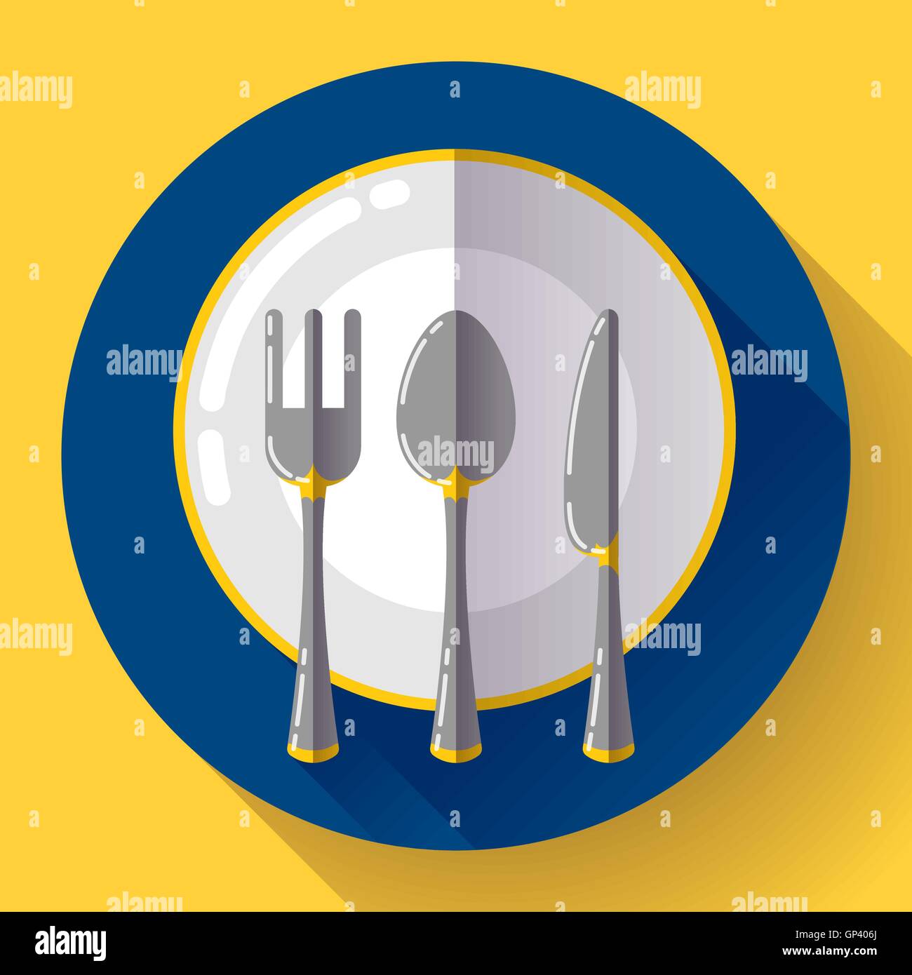Gerichte - Platte Messer und Gabel Symbol. Flache Vektor-Design mit langen Schatten Stock Vektor